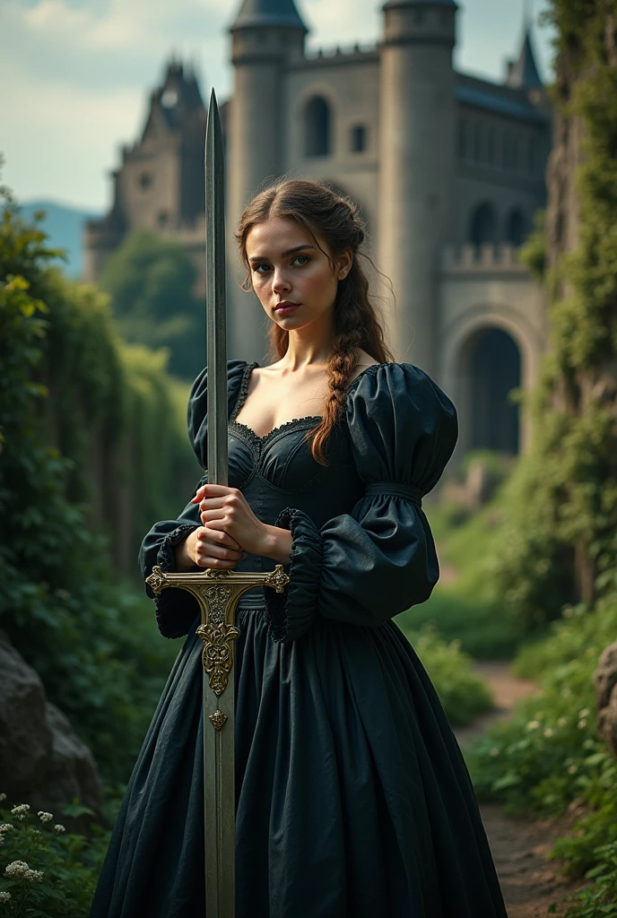 a woman standing in a medieval fantasy scene, detailed anime style, elegant victorian era dress, holding a sword, low angle view, beautiful detailed eyes,beautiful detailed lips,extremely detailed eyes and face,longeyelashes,1girl,digital painting,high quality,8k,ultra-detailed,realistic,photorealistic,masterpiece,dramatic lighting,cinematic atmosphere,fantasy,dark fantasy,detailed background,lush vegetation,castle ruins