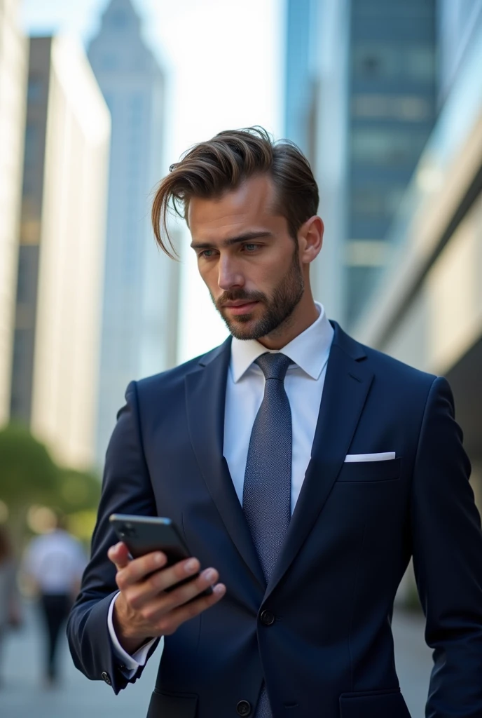 white male, with straight, brownish hair, formal clothes and with cell phone in hand, with clear eyes