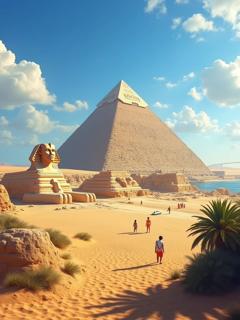 A realistic depiction of Egypt, showcasing the iconic Great Pyramid of Giza and the Sphinx under a bright blue sky. The scene captures the golden desert sands stretching into the distance, with tourists in modern attire exploring the ancient ruins. In the background, the Nile River can be seen with traditional felucca boats sailing on its calm waters. The sun casts long shadows, highlighting the detailed stone carvings and the grandeur of the monuments. Palm trees and small, green oases add a touch of life to the arid landscape."