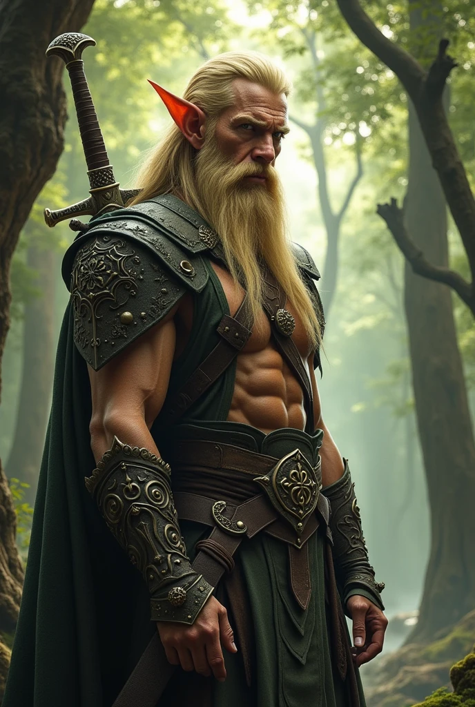 elf character, strong and with blond hair and a beard, with Machado on his back.