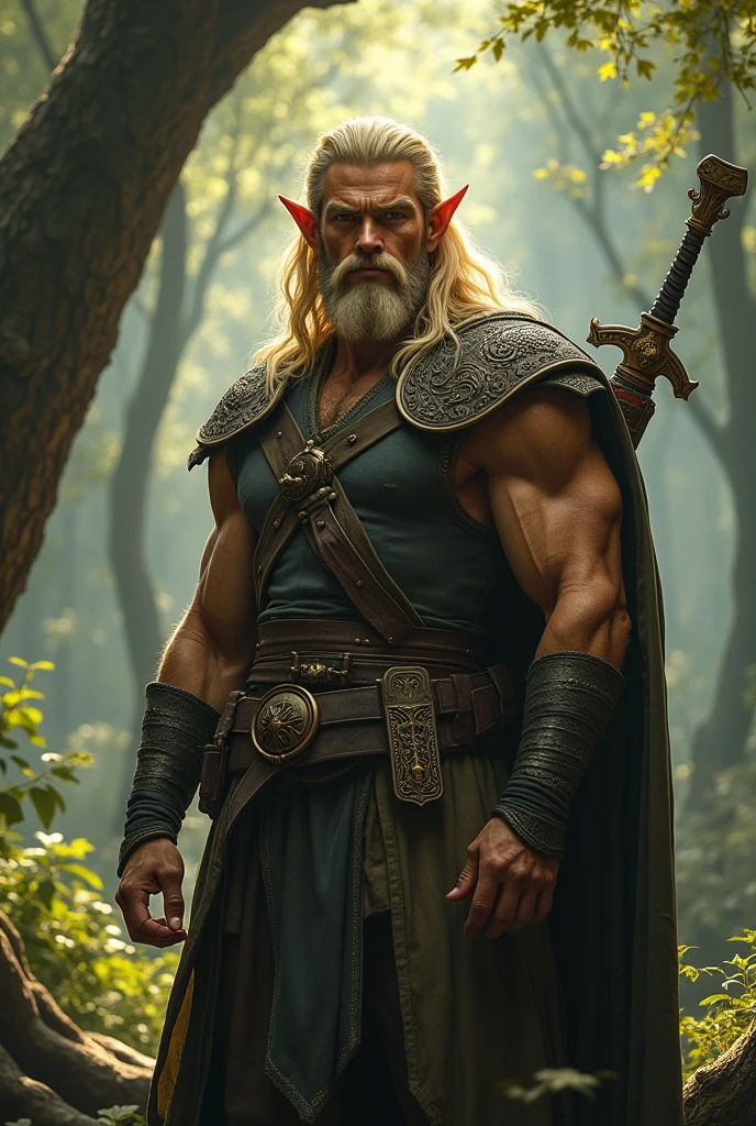 elf character, strong and with blond hair and a beard, with Machado on his back.