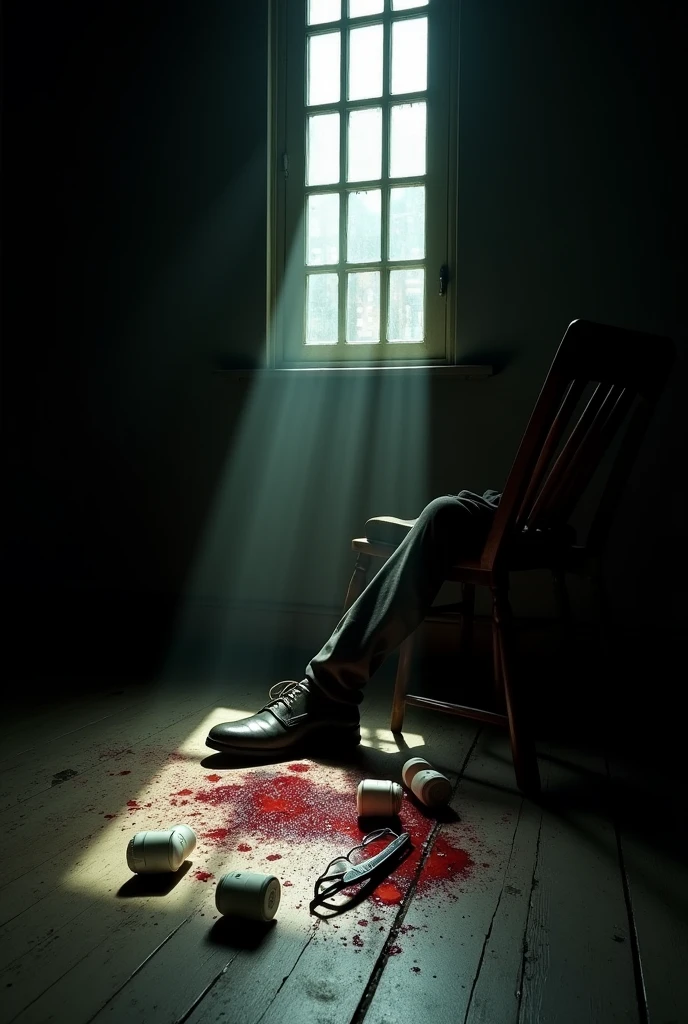 Well in this activity I need to represent a supposed suicide so here are the things I need in the image:

A completely dark room;
A single lighting coming from the window with square glass panes(4 window division), through the window you can see the reflection of a ray (which was the reason for the lighting);
An old wooden chair fallen;
A bottle of white medicines fallen on the floor next to the chair;
Some blood drops dripped near the aspirins; 
A bloody blade near the blood drops;
A fallen glasses with one of its lenses cracked;
And finally the glimpse of a human foot, with a dress shoe and a leg with a tailored pants (I want one of the legs to appear in a glimpse, soli)

Remember it is a simulation 

Follow the letter, and I did not remove any of the requirements 
