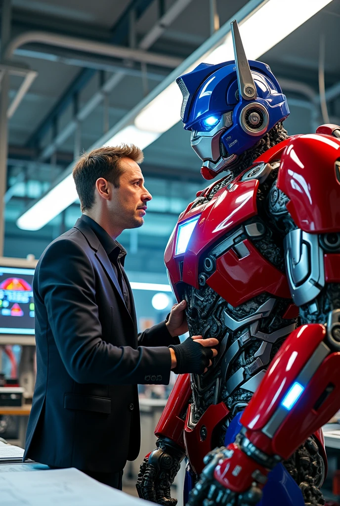 Faça Tony Stark de Robert Downey jr concertando o Optimus prime