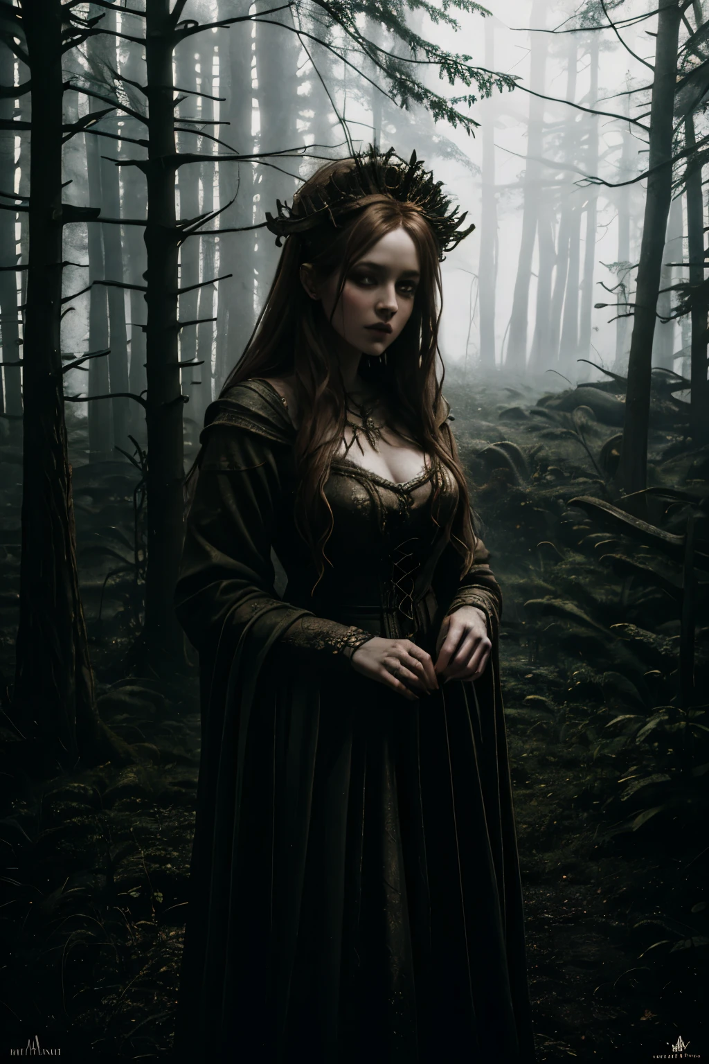  A hyperrealistic very pale woman with a long messy-straight redhair, freckled skin, skin pores, realistic textured skin, illuminated skin, wearing twigs on her head, wearing a white gothic dirty old dress. she is eating an apple and  is dancing in a forest around a big bonfire. Realistic textures, dark horror atmosphere, with dramatic lighting and intricate details in both the woman and the surroundings. A dark fantasy horror forest design, with shadows and light playing off her, intricate details, high contrast, high sharpness , (extremely detailed 8k wallpaper), (natural lighting), high qualiy, film grain, Sharp focus Fujifilm XT3, f5.6, 135mm, high détail, sharp focus, (external light), crazy details, complexdetails, hyperdetailed,