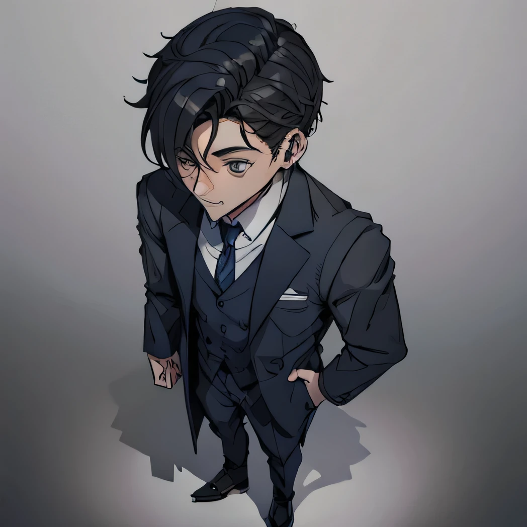 man in a navy blue suit full body
