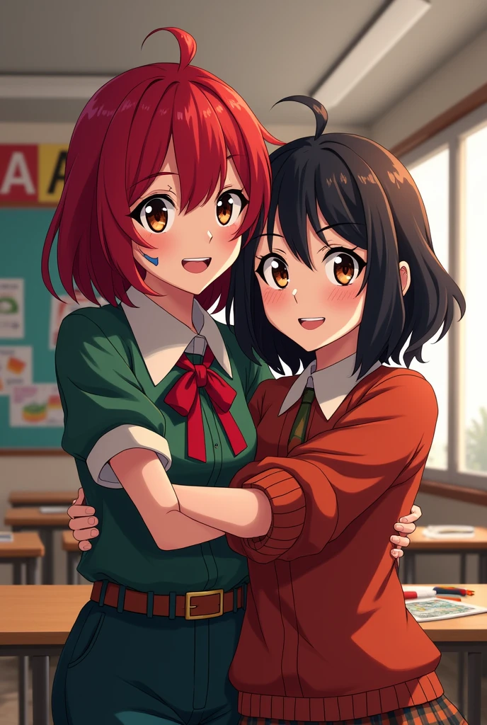 Create a female My hero academia character, with shoulder-length hair, red color and a black lock, a mole on the tip of the nose, a septum and shark teeth, Brown eyes, AU uniform, in the 1st class room"A" with Bakugo's victorious smile and hugging Izuku 