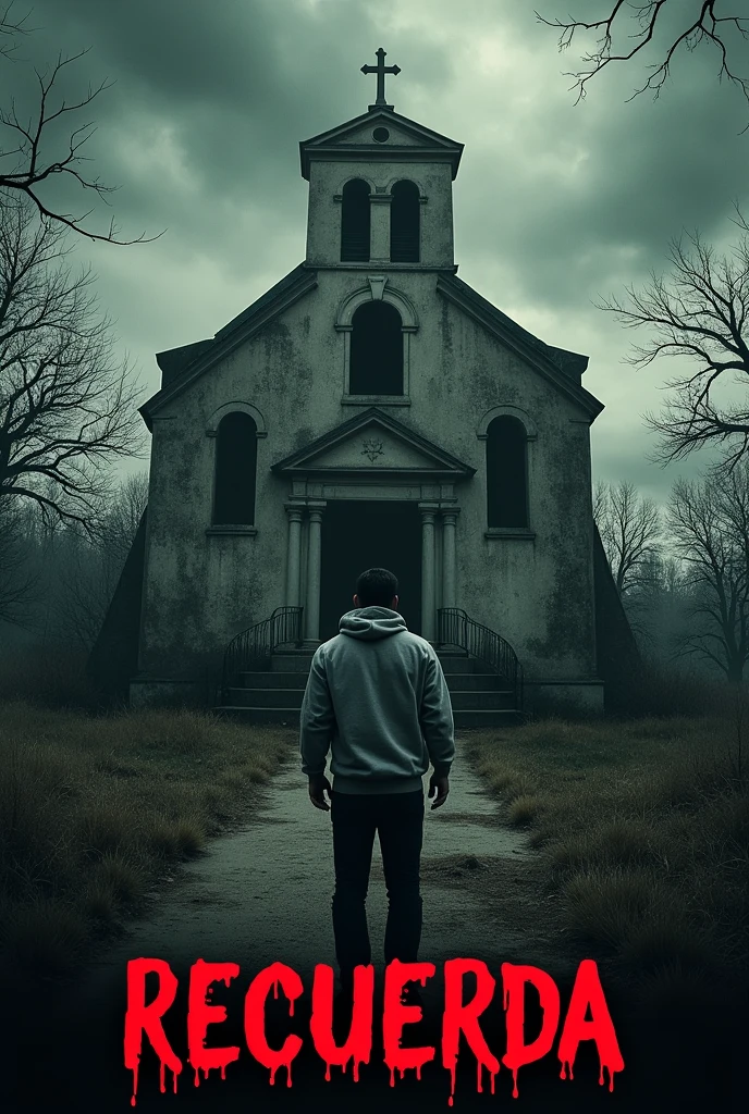 A horror movie type poster, with someone in a grey sweatshirt looking at the grey sky from outside a church, and the title being "Recuerda"