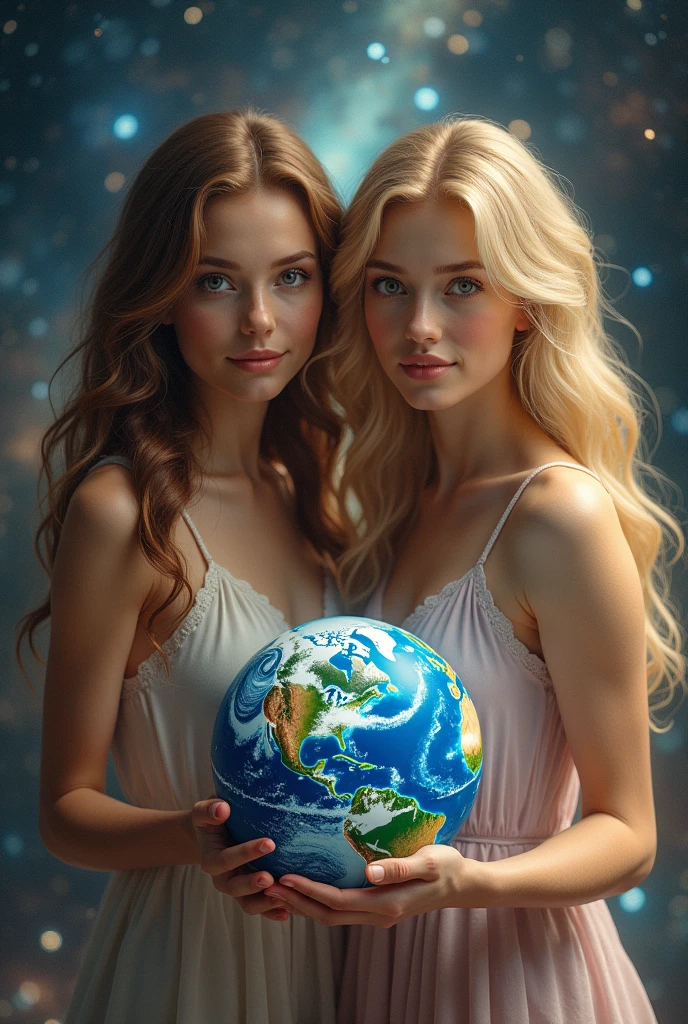 (photorealism:1.2)


Brunette hair beautiful woman with hazel eyes. Is behind her sister

Blonde hair alluring and gorgeous woman with honey hazel eyes. She is holding Earth in her hands.

They are sisters.

Soft lighting. The Universe is their background.