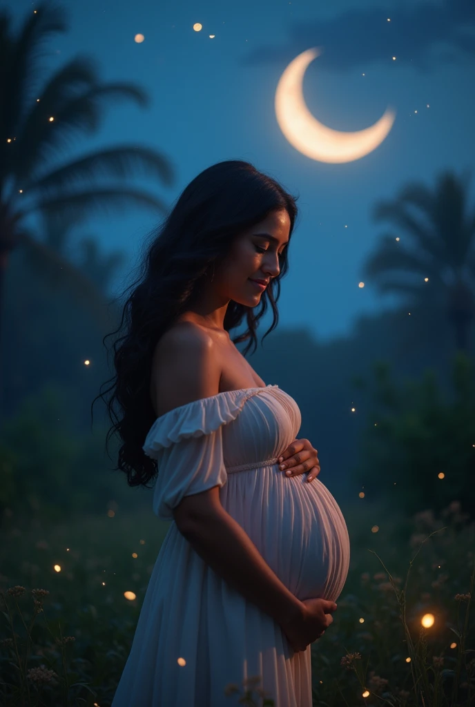 Brazilian woman, alone, with a crescent moon in the background and a developing baby inside her womb