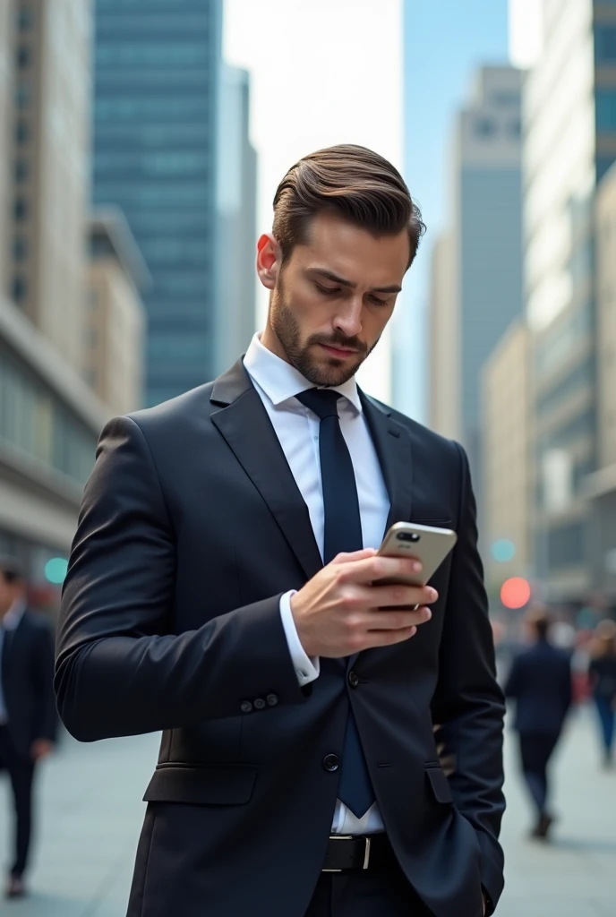 white male, with straight, brown hair in a quiff, formal clothes and with cell phone in hand, with clear eyes