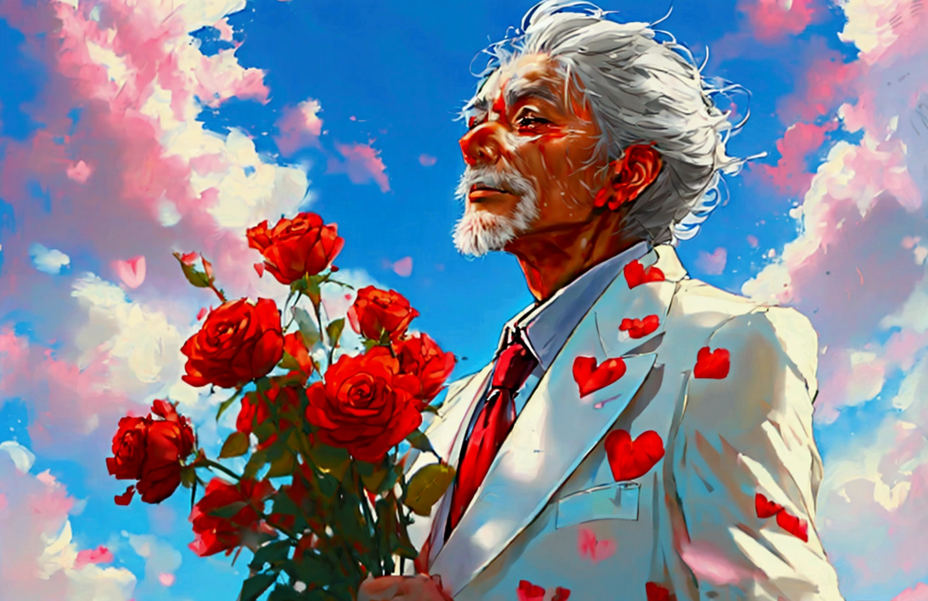 An old man with grey hair, wearing a white suit with red heart patterns, holds a bouquet of roses and looks up at the sky as pink clouds float by. His face is full of happiness.