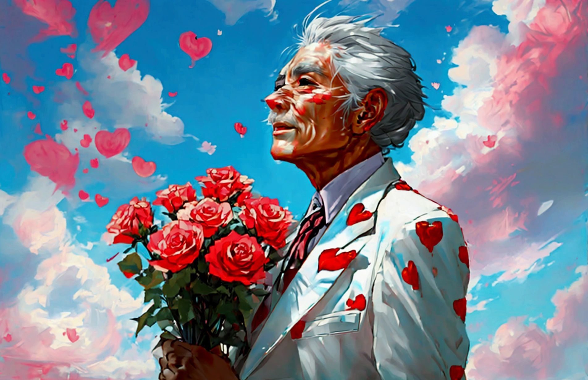 An old man with grey hair, wearing a white suit with red heart patterns, holds a bouquet of roses and looks up at the sky as pink clouds float by. His face is full of happiness.