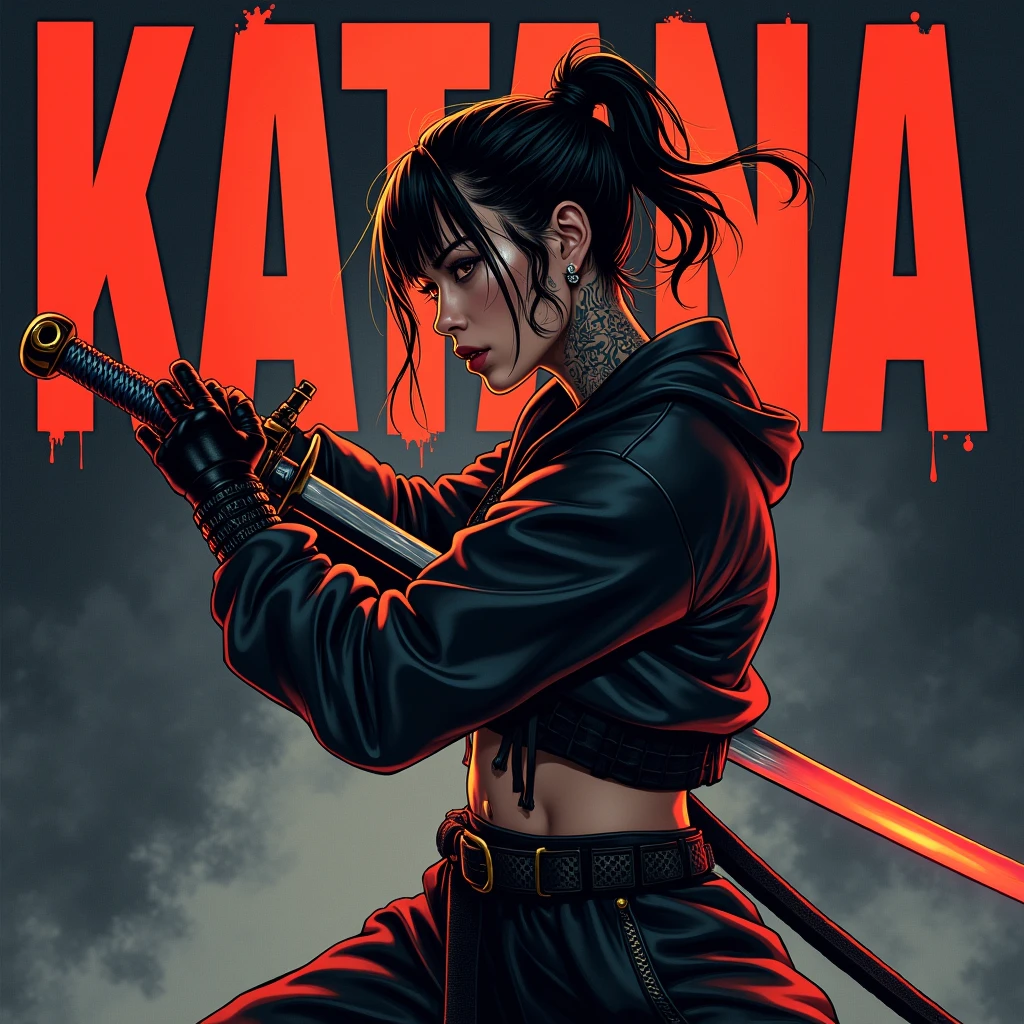 Asian Girl Rapper, super pretty, face_tattoos, side view, action, cartoon, ninja, fighting with a sword, Album cover, "KATANA", Letters say KATANA, Album Cover, dark, full body, comic style, gangster, tech wear outfit, dynamic