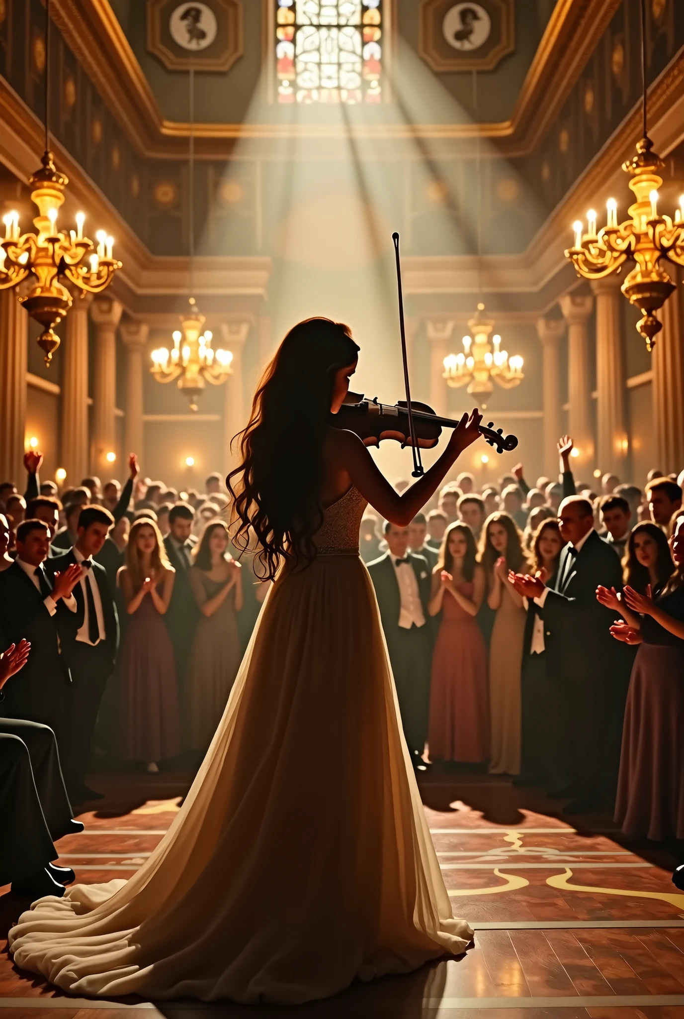 A beautiful tall girl plays the violin in front of the hall, everyone is applauding standing up, There are ovations all around