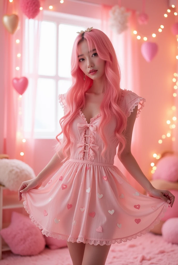 One woman。Pink hair long hair。Pink Room。A frilly outfit with a heart pattern in pink and white。Korean idol faces。