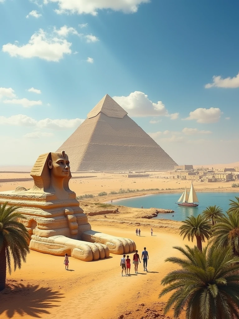 A realistic depiction of Egypt, showcasing the iconic Great Pyramid of Giza and the Sphinx under a bright blue sky. The scene captures the golden desert sands stretching into the distance, with tourists in modern attire exploring the ancient ruins. In the background, the Nile River can be seen with traditional felucca boats sailing on its calm waters. The sun casts long shadows, highlighting the detailed stone carvings and the grandeur of the monuments. Palm trees and small, green oases add a touch of life to the arid landscape."