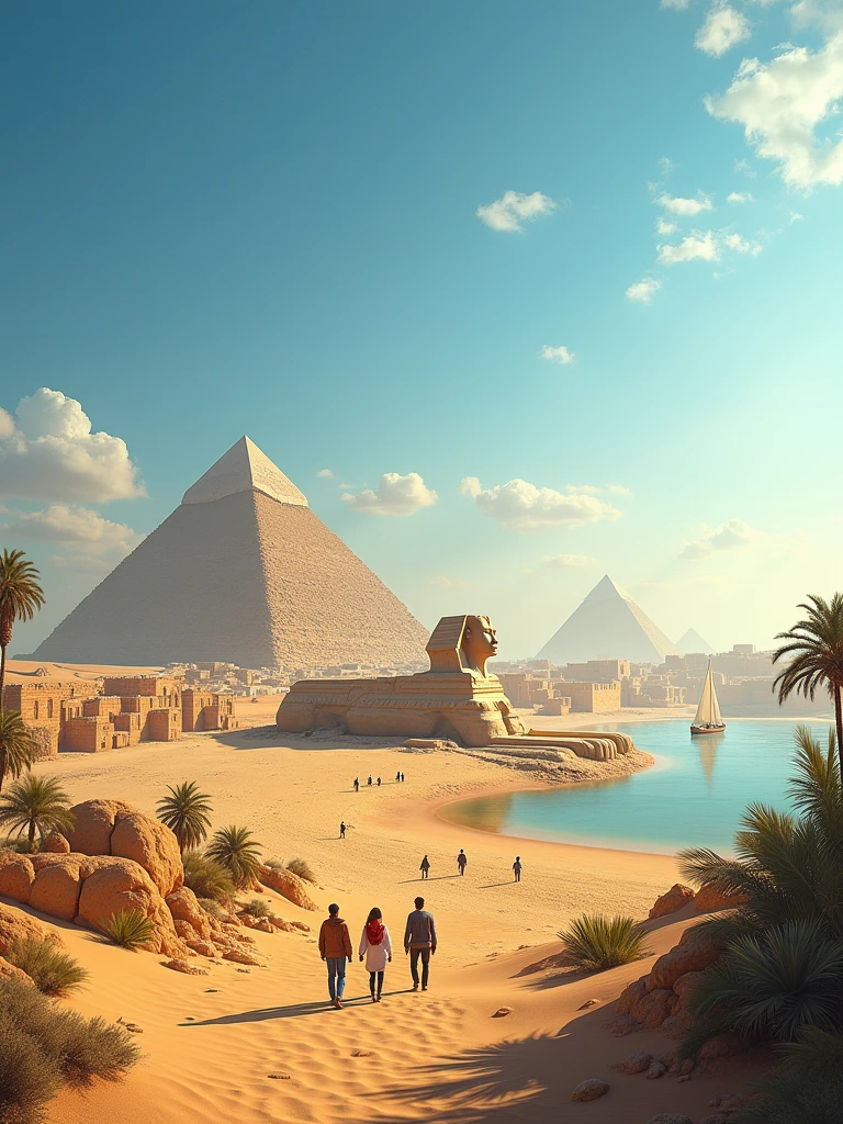 A realistic depiction of Egypt, showcasing the iconic Great Pyramid of Giza and the Sphinx under a bright blue sky. The scene captures the golden desert sands stretching into the distance, with tourists in modern attire exploring the ancient ruins. In the background, the Nile River can be seen with traditional felucca boats sailing on its calm waters. The sun casts long shadows, highlighting the detailed stone carvings and the grandeur of the monuments. Palm trees and small, green oases add a touch of life to the arid landscape."