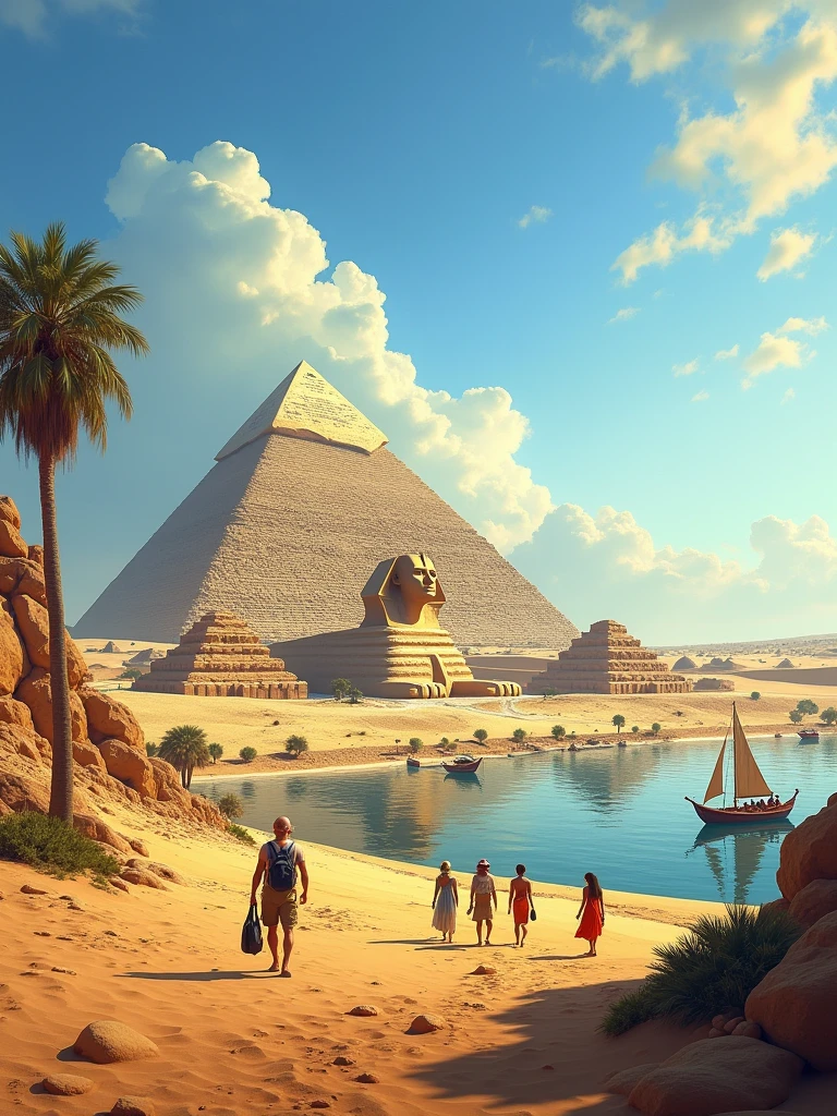 A realistic depiction of Egypt, showcasing the iconic Great Pyramid of Giza and the Sphinx under a bright blue sky. The scene captures the golden desert sands stretching into the distance, with tourists in modern attire exploring the ancient ruins. In the background, the Nile River can be seen with traditional felucca boats sailing on its calm waters. The sun casts long shadows, highlighting the detailed stone carvings and the grandeur of the monuments. Palm trees and small, green oases add a touch of life to the arid landscape."
