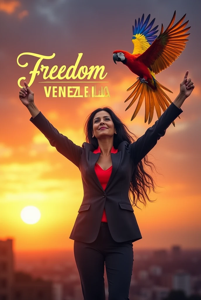 Create an image of Maria Corina Machado with the word Freedom, Venezuelan flag and a macaw flying. Below, it should say Venezuela