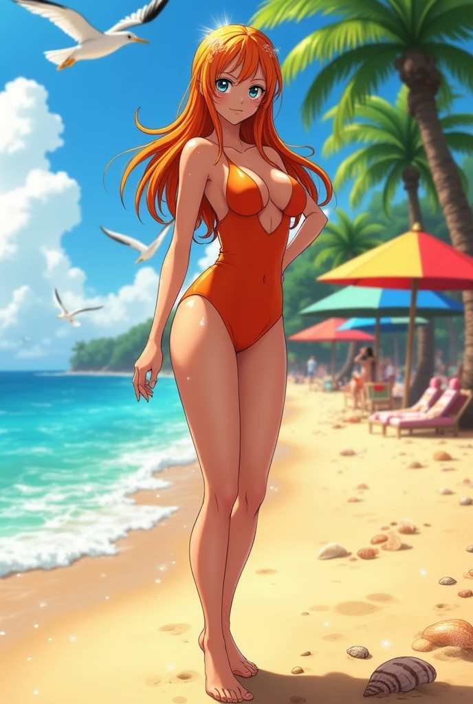 Create Nami in a one piece swimsuit with big breasts