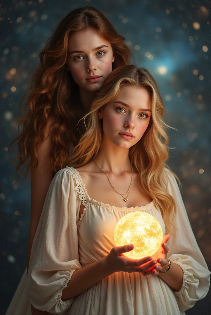(photorealism:1.2)
Brunette hair beautiful woman with hazel eyes. Is behind her sister
Blonde hair alluring and gorgeous woman with honey hazel eyes. She is holding Earth in her hands.
They are sisters.
Soft lighting. The Universe is their background.