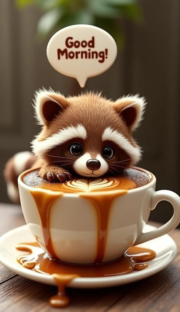 A captivating 3D render of a coffee cup, brimming with a whimsical foam creation that resembles a cute, extra fluffy baby raccoon. The raccoon, with intricate details and expressive eyes, exudes a playful demeanor as it sits atop the frothy coffee, speech bubble with the text "Good Morning!", The coffee spills over the edges, forming a golden stream that cascades down, bringing the artwork to life. The blend of reality and imagination in this conceptual art piece showcases the beauty and creativity of coffee art, making it a delightful and imaginative visual experience., conceptual art, photo, 3d render