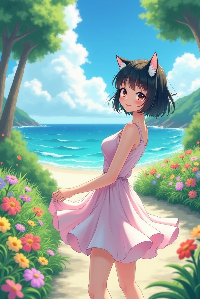 anime beautiful girl Japanese Black Hair Short hair, slender Hourglass figure, white Small face Fox face
Holiday Seaside Park Pastel dress