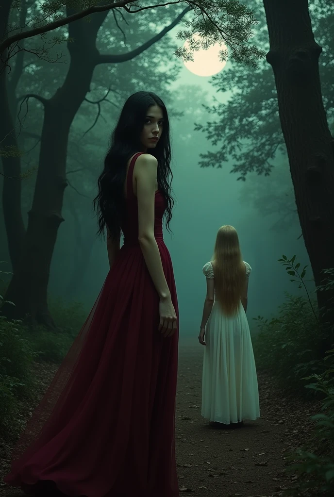 make a dark and mysterious forest there is a girl looking to the left with black hair wearing a wine dress. she looks mysteriously over her shoulder.
Further ahead, Em primeiro plano, there is another girl looking up with blonde hair wearing a long white dress