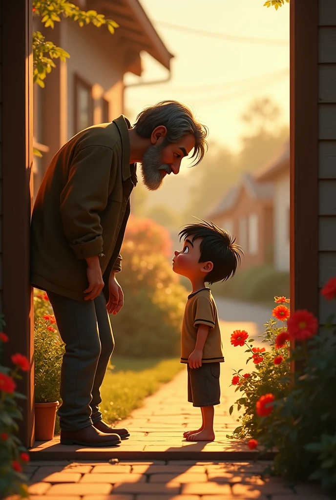 A sad poor hungry boy talking to a man at the door of the man's home, pixar style, cinematic, masterpiece, high-aesthetic, realistic