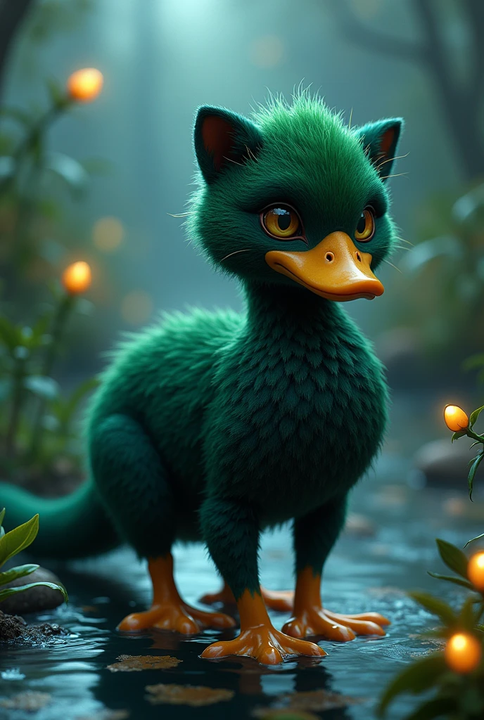 A chimera between a panther and a duck, shaped like an amphibian, webbed feet, ((duck feet)), weird body shape
