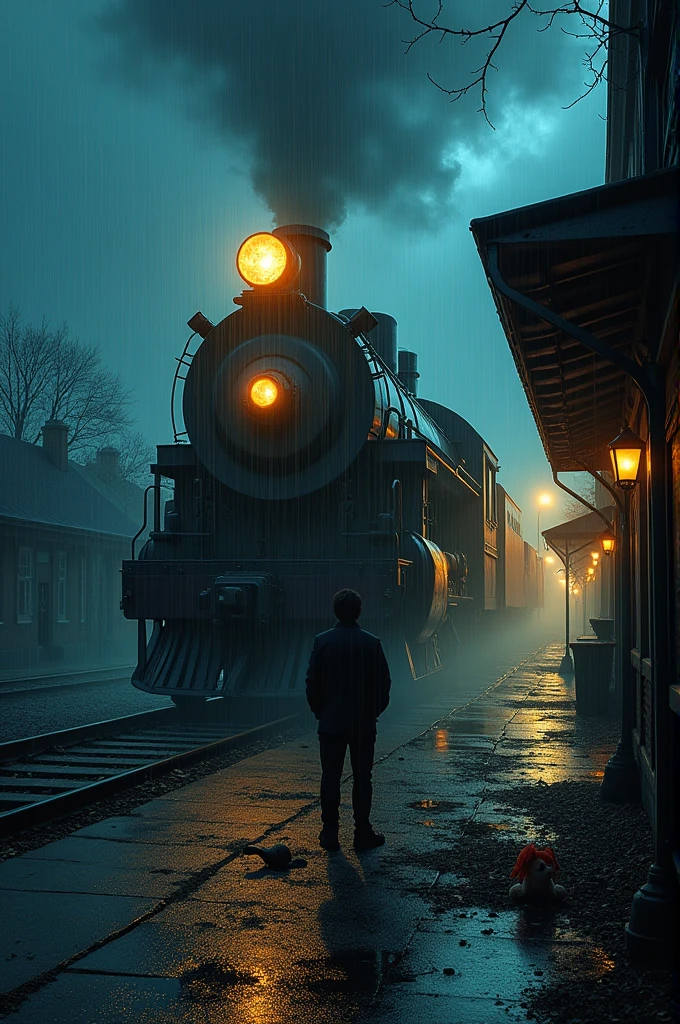 “A night scene in the city of Hollow Creek, where a ghost train appears out of nowhere at 11:57 p.m. under a light rain. The train, made of shiny black metal with golden lights, illuminates the empty streets with its mysterious presence. The protagonist, Leo, it is located in the deserted station, looking towards the train with a mix of awe and fear. The atmosphere is dark and rainy, with haunting shadows reflected in the puddles on the ground. At the bottom, luminous and ethereal creatures, barely visible, they wait on a strange platform, welcoming you to the hidden realm of the ‘Midnight Journey’.’”