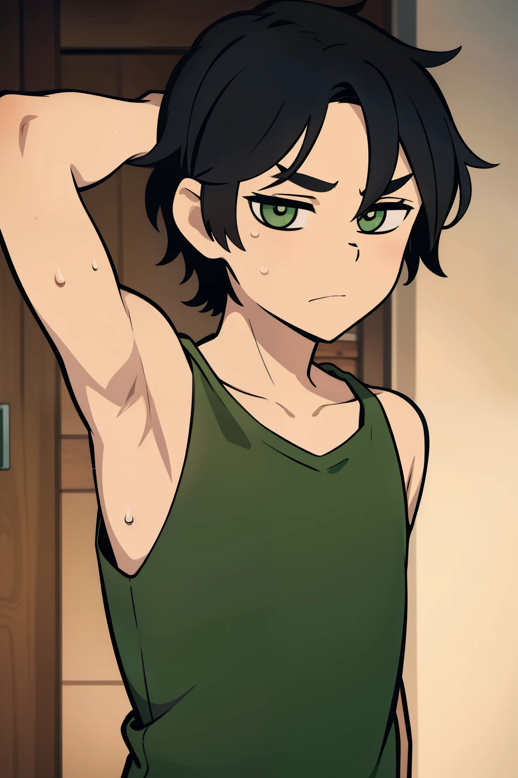 Highres, Masterpiece, Best quality at best,Best Quality,hight quality, hight detailed, Anime style, 1boy, Shota, young boy, Solo person, Andy, tcoaal, green shirt, Tank top, upper body, Seen from the front, look at viewer, (very young boy), (very small and short body), simple beckground, (Showing armpit:1.3), hansome boy, Uhd, bokeh,Sweat