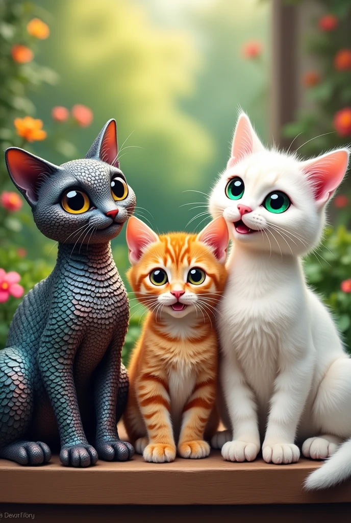 make an image with three cats side by side, one of them make a scaly cat, another one an orange cat (the smallest one among them), and a white cat with green eyes