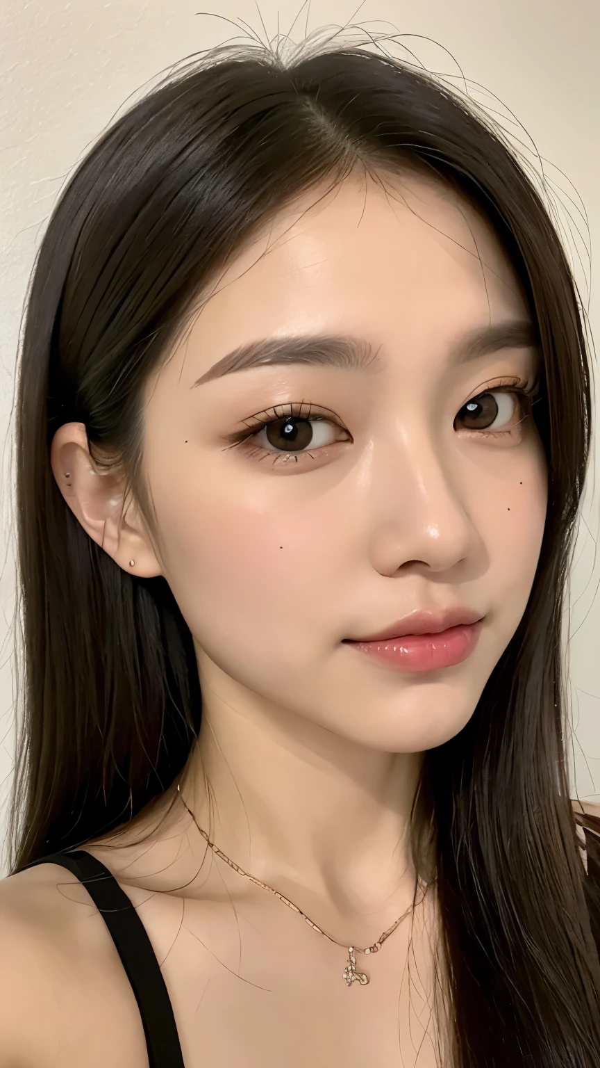 best quality, head of'artwork, ultra haute résolution, 8k, RAW, HD, 4K, Realist, reel, (photo realistic:1.4), Physics-based rendering, depth of field, regarder les spectateurs, mince, (Session:1.1), in the bedroom, beautiful detailed face, 1 fille, Mignon, young, nose blush, grands yeux noirs, bouche fermer, smalll breasts, Brown hair, long straight hair, no bangs, front not hidden by hair, bouche fermer, detailed clothing, (pyjamas:1.3), no shoes ,pureerosface_v1,