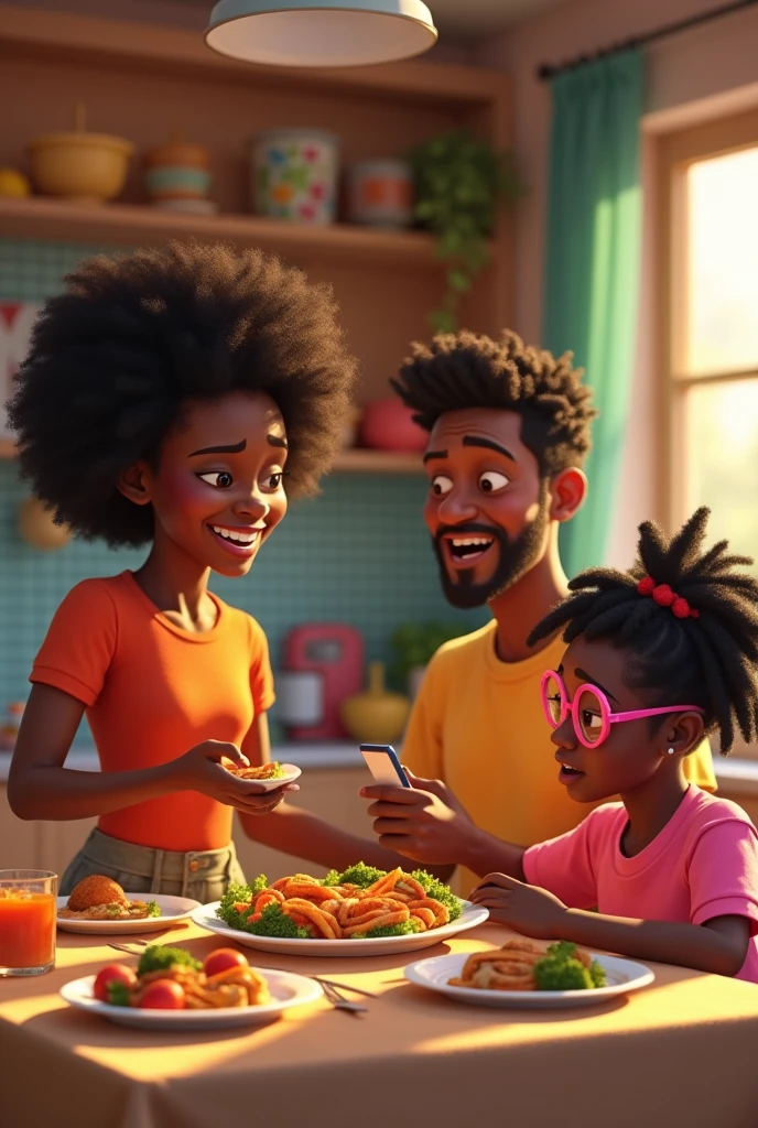 pixar style afro american woman, Tink, is serving dinner to her husband Mike. Larry, 14 years of age, has dreadlocks and wearing a red shirt. Dua, 16 years of age is wearing stylish pink glasses and pink shirt. Larry is to be engaged with his cell phone. Dua is also engaged with her cell phone. Mike is looking at Larry and Dua staring at their cell phones not paying attention to what's going on.
