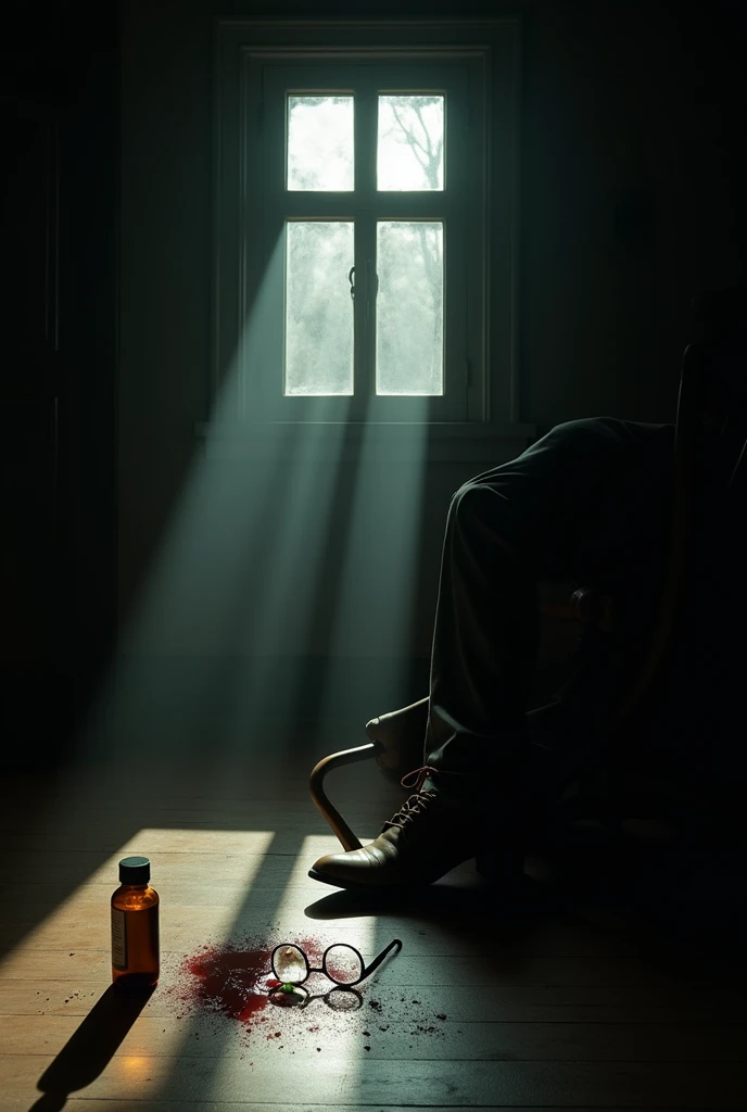 bem, In this activity I need to represent a supposed suicide, so here are the things i need in the picture:
A completely dark room;
A single light coming from the window with square glass panels(4 window divisions), through the window you can see the reflection of a ray (what was the reason for the lighting);
An old fallen wooden chair;
A bottle of white medicine fell to the floor next to the chair.;
A few drops of blood dripped near the aspirins;
A bloody blade near the drops of blood;
A dropped pair of glasses with one of the lenses cracked;
And finally a glimpse of a human foot, with a dress shoe and a leg in a tailored trouser (I want one of the legs to appear in a glimpse, standing alone)
Remember it's a simulation Follow the letter, and I didn't remove any of the requirements