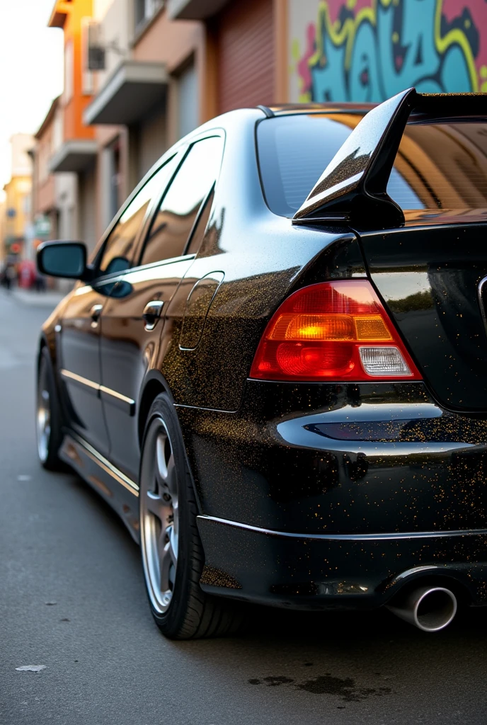  Create a realistic 2005 Honda Civic. With duck tail, Lateral and frontal lips. Side view with a crossed tire. The car is black with gold glitter. 