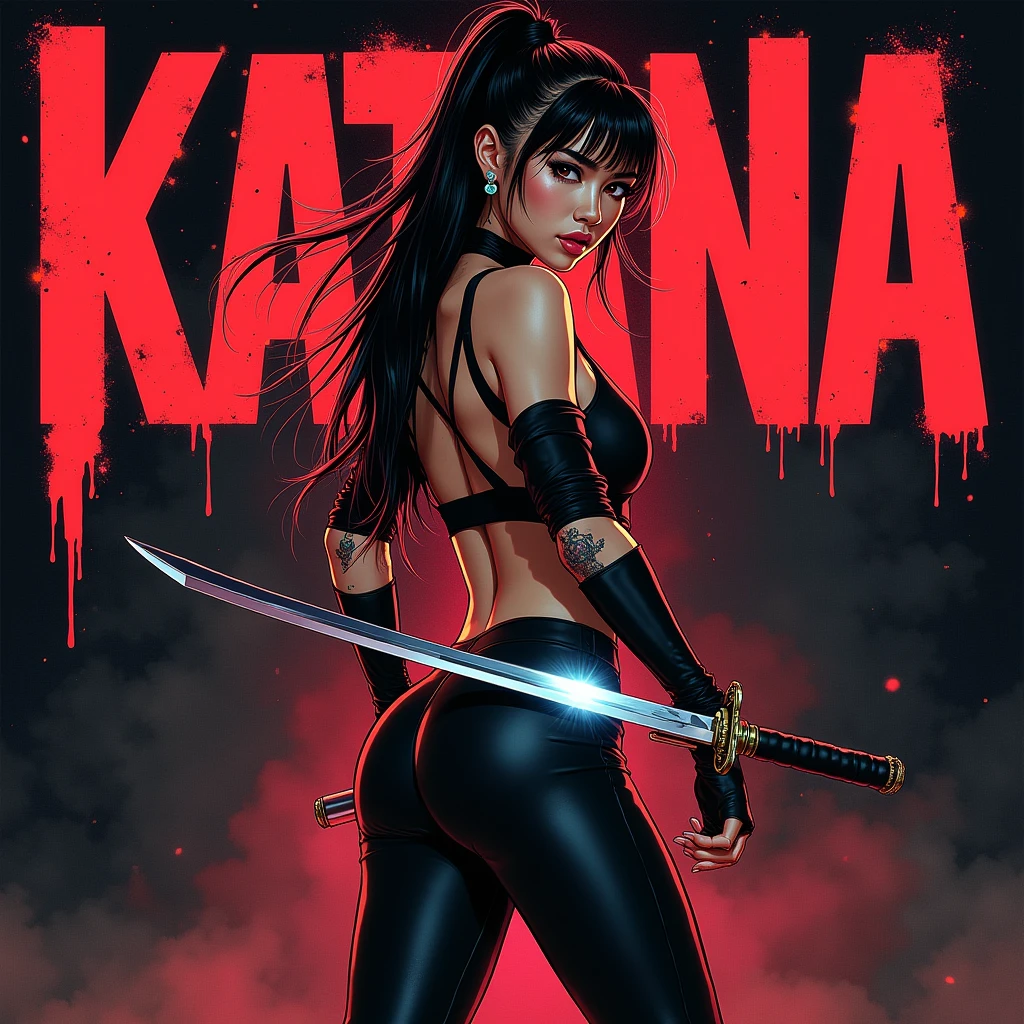 Asian Girl Rapper, super pretty, sexy body, face_tattoos, side view, action, cartoon, ninja, fighting with a sword, Album cover, "KATANA", Letters say KATANA, Album Cover, dark, full body, comic style, gangster, tech wear outfit, dynamic