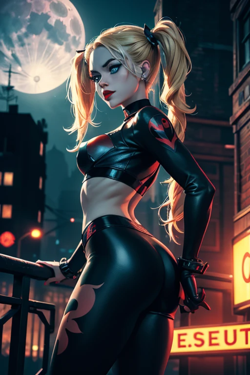 Harley Quinn, skinny girl,small and beautiful buttocks, toned abdomen, small and beautiful breasts, gorgeous blonde hair, classic hairstyle two pigtails, piercing blue eyes, red lips, tight-fitting red black outfit, posing seductively, Arkham asylum background, dark gritty gothic city, night, full moon, best quality, 4k, 8k, highres, masterpiece, ultra-detailed, realistic, photorealistic, photo-realistic, intricate details, dramatic lighting, cinematic composition, moody atmosphere, vibrant colors, neon lights