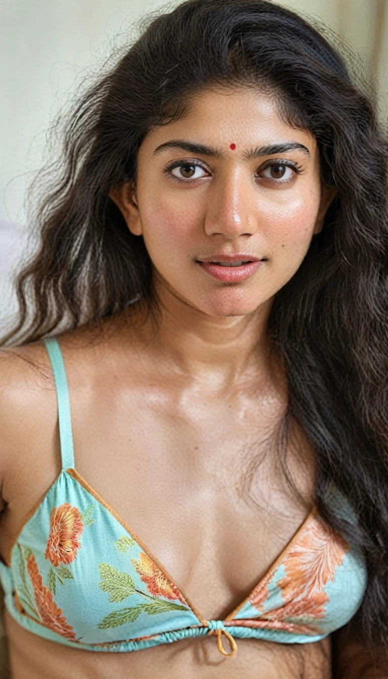 ultrarealistic hires body close up photo of a 30-year-old sai pallavi woman, bedroom, realistic skin texture, looking looking at camera, free long hair, in bed, in bikini, realistic skin, in bed, cleavage and midriff, taking selfie, true camera pic, beautiful eyes