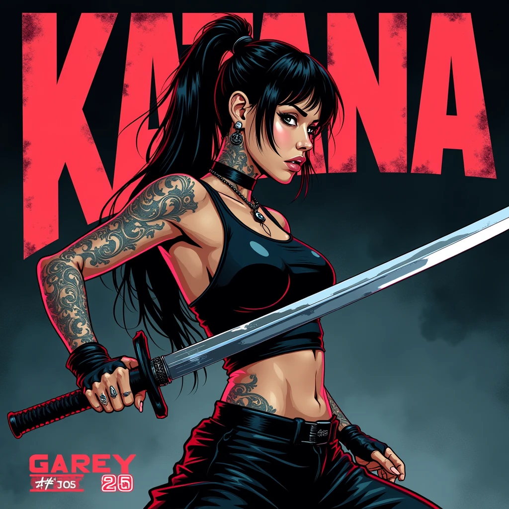 Asian Girl Rapper, super pretty, face_tattoos, side view, action, cartoon, ninja, fighting with a sword, Album cover, "KATANA", Letters say KATANA, Album Cover, dark, full body, comic style, gangster, tech wear outfit, dynamic