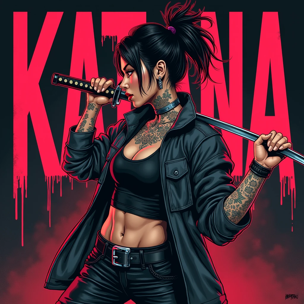 Asian Girl Rapper, super pretty, face_tattoos, side view, action, cartoon, ninja, fighting with a sword, Album cover, "KATANA", Letters say KATANA, Album Cover, dark, full body, comic style, gangster, tech wear outfit, dynamic