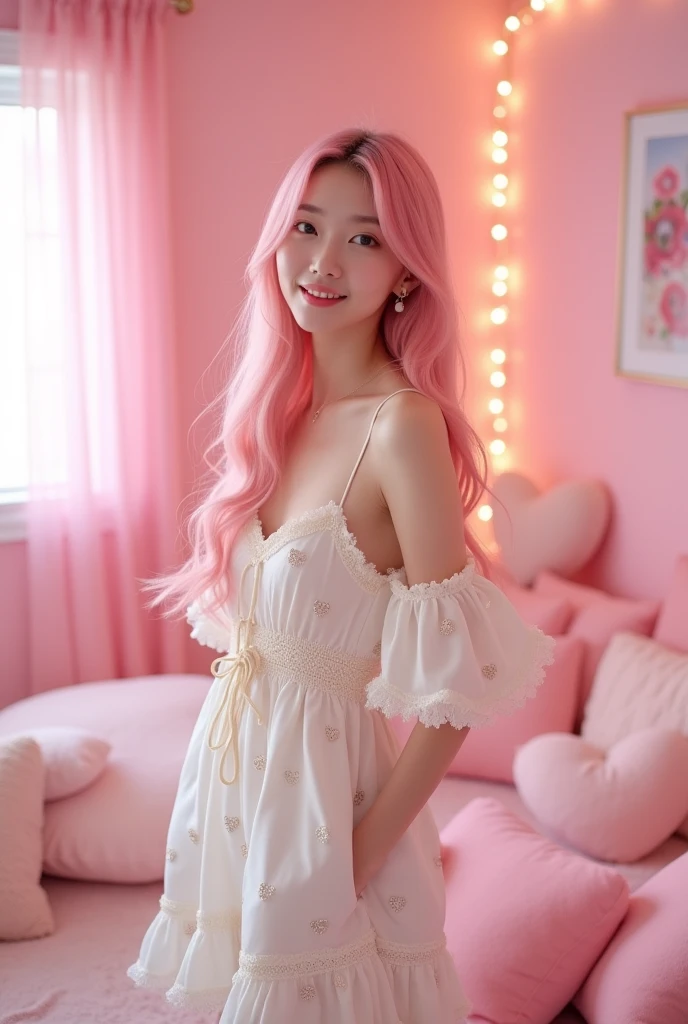 One woman。Pink hair long hair。Pink Room。A white frilly outfit with a heart pattern。Korean idol faces。