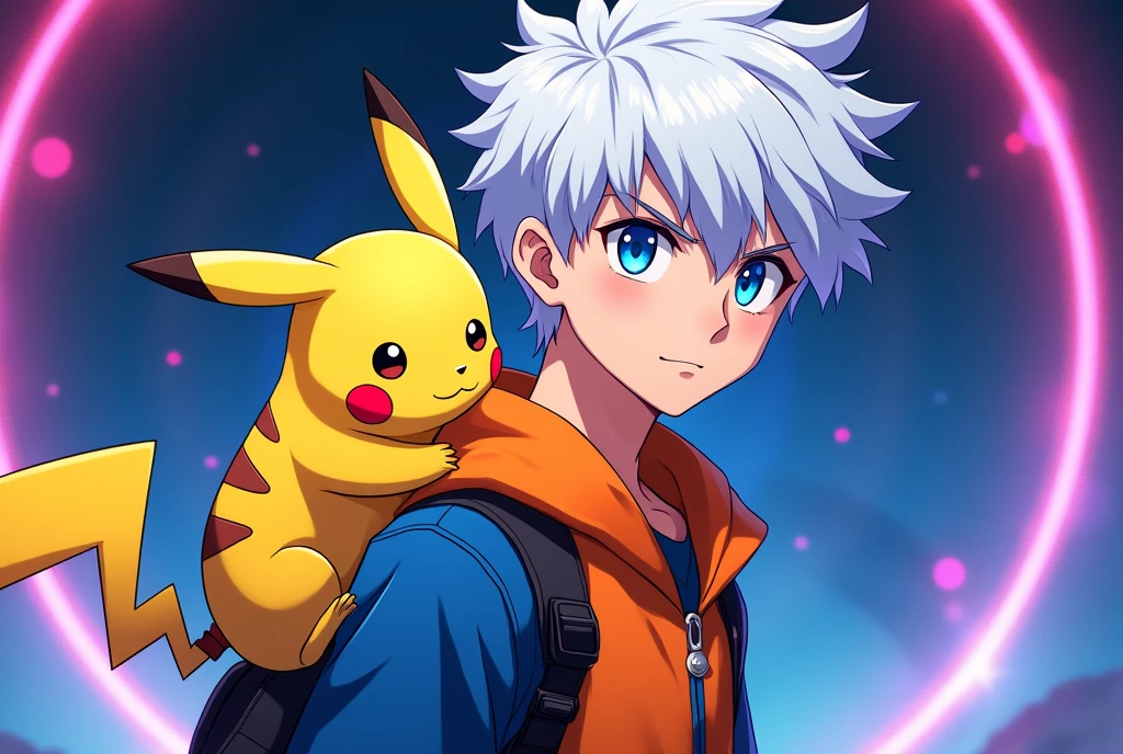 portrait, neon, 1 boy, teenager, short white hair and blue eyes solo, boy, orange and blue clothes, anatomically perfect body, full HD art, color, anime boy, with a pokemon called Pikachu on his shoulder