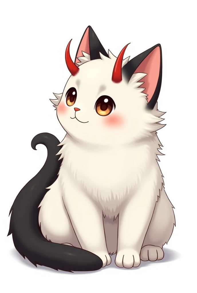 An adult male white fluffy feline with large black (eyes/spots/markings), black tail and dark brown eyes. The feline has small red horns on its head. The style should be anime, with a realistic and mature design. The background is white.
