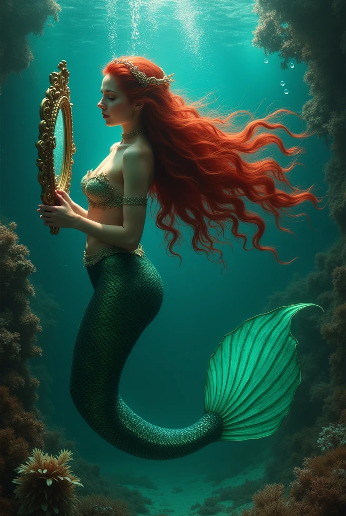 Mermaid dark red hair floating with shell bra and green tail looking at mirror underwater gothic aesthetic