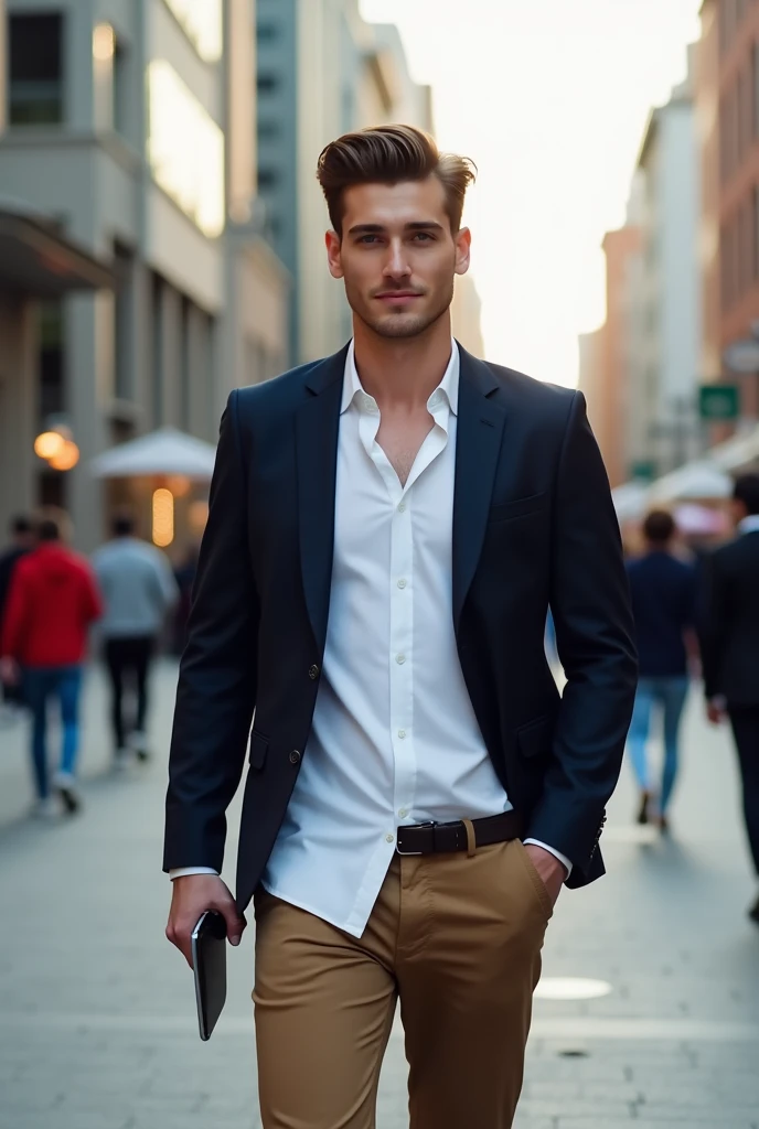 white male, age 26, with straight, brown hair in a quiff, casual formal clothing and cell phone in hand, com olhos escuros