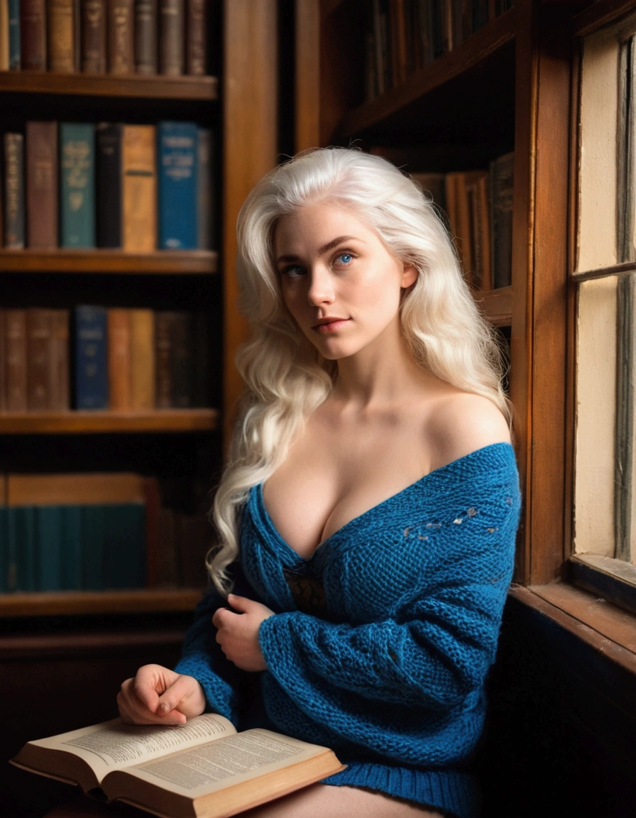 A beautiful young woman with medium-large breasts, thick white hair and intense blue eyes is seated in a cozy library corner, surrounded by shelves of old books. She wears a soft knit sweater draped over her shoulders, with a lace bralette peeking out. The warm, ambient light from a nearby lamp casts a gentle glow on her face as she reads, with the photo captured from a close, side angle, emphasizing the peaceful atmosphere.