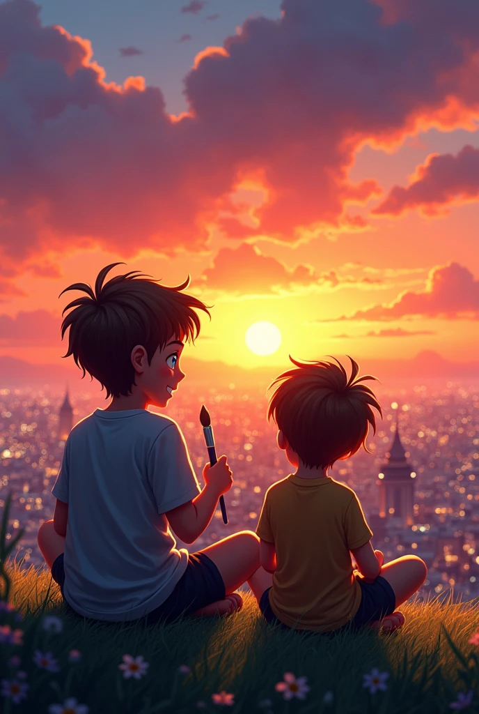 two boys , a sunset ,animated as a guy paints a city landscape with a brush