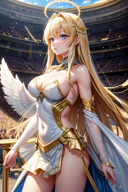 .3 young angels.   gold suit  .  swords shields steel white wings with yellow. golden halo .long tulle bodies Alta . slim tall muscular big breasts big buttocks long dark golden hair  .blue eyes.   .fighting in the coliseum 